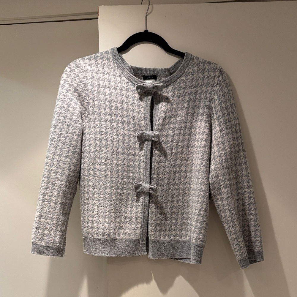 J Crew Gray Houndstooth Bow Knit Cashmere Blend Crop Cardigan Sz M